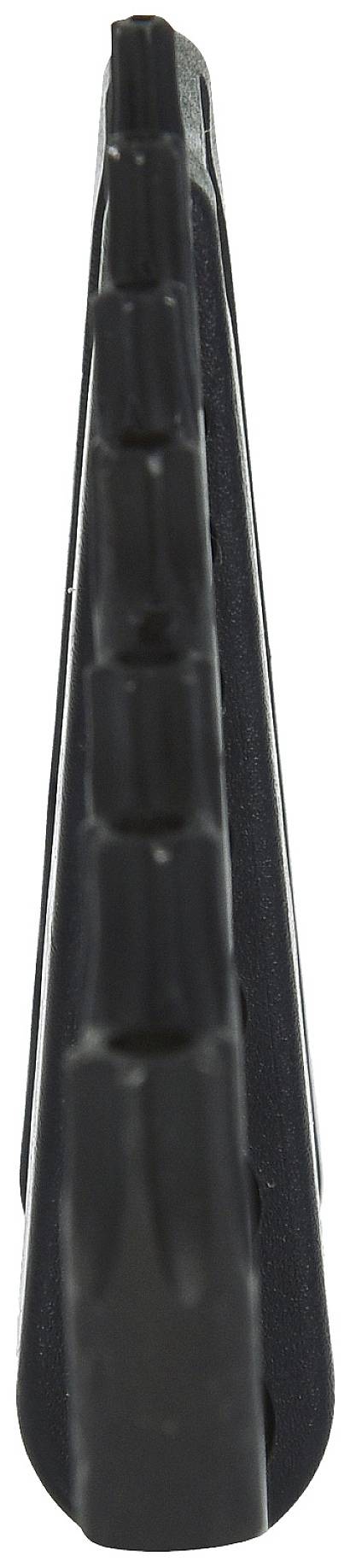 Czarna, falista klamra plastikowa widziana z boku. Widoczna jest struktura rowków i lekko stożkowaty kształt.