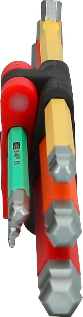 Zestaw sześciokątnych kluczy imbusowych w różnych kolorach, umieszczonych w uchwycie w kolorze czerwonym i czarnym.