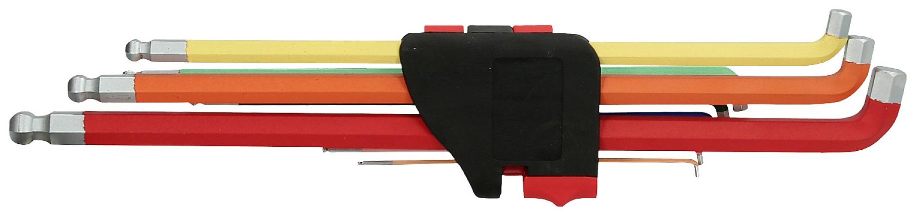 Cztery złożone kolorowe kijki trekkingowe leżą obok siebie. Kolory: czerwony, pomarańczowy, żółty i niebieski.