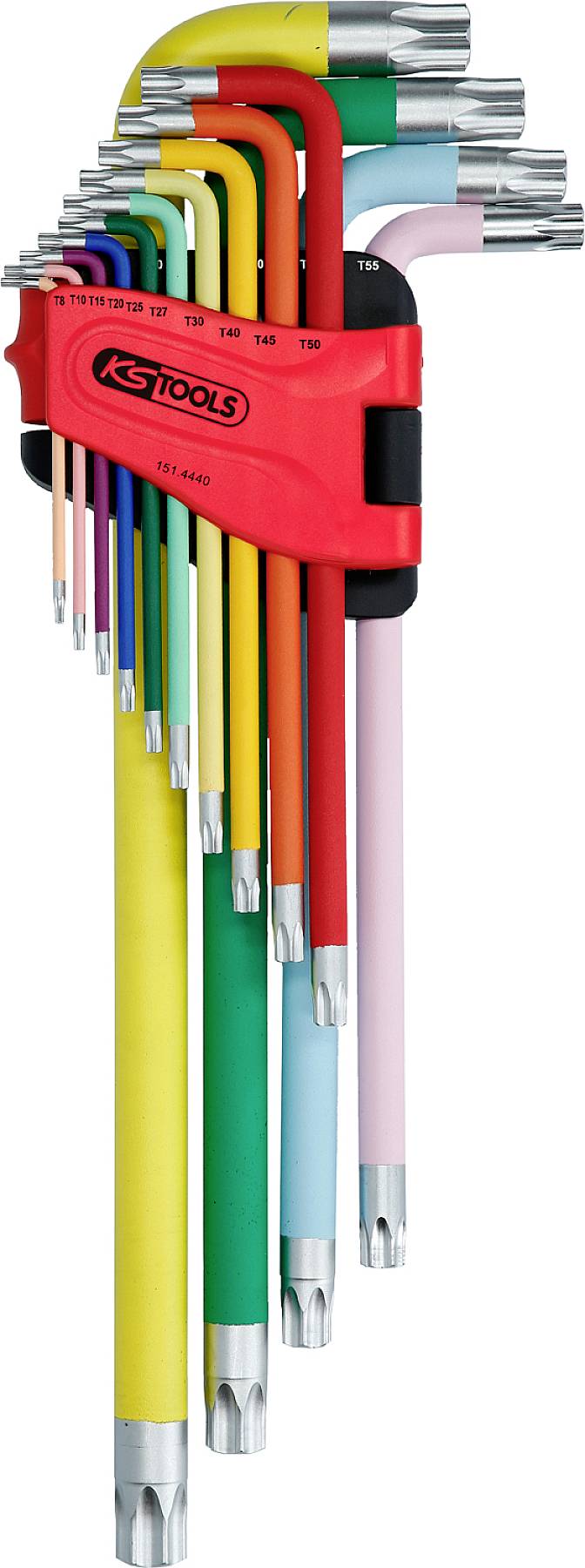 Zestaw kolorowych wkrętaków L-kształtnych w różnych rozmiarach, ułożonych w czerwonym stojaku z oznaczeniami.