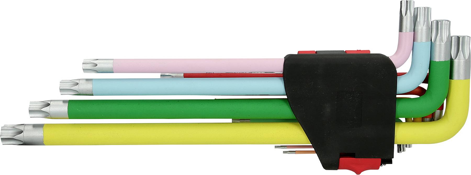 Zestaw kolorowych wkrętów kątowych w uchwycie, ułożonych według rozmiaru. Kolory to żółty, zielony, niebieski, różowy i czerwony.