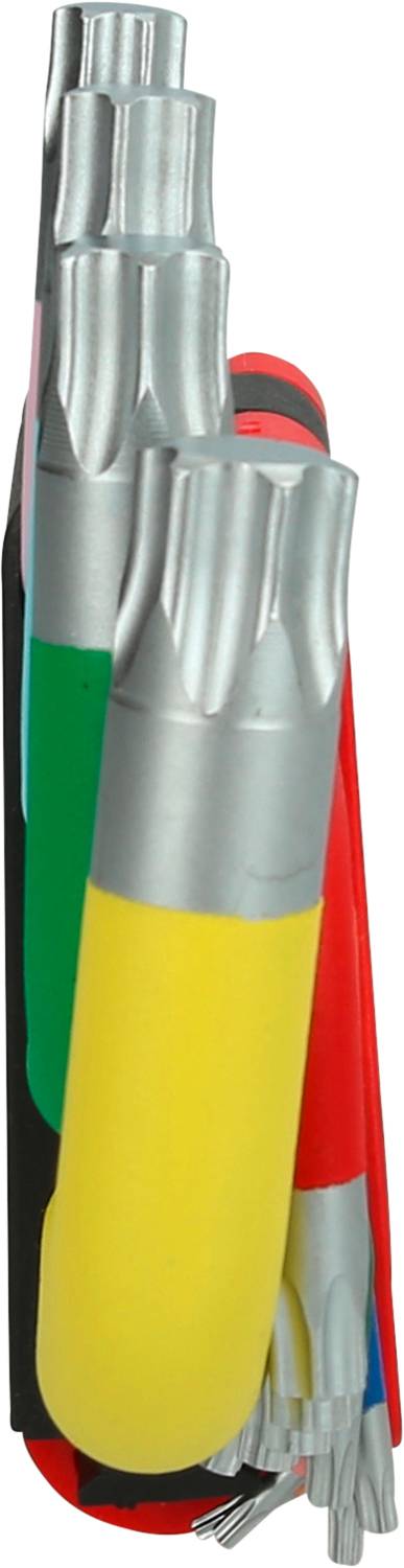 Metalowy korpus z wieloma kolorowymi uchwytami z tworzywa sztucznego, należący do zestawu narzędzi, prawdopodobnie zestaw kluczy imbusowych.