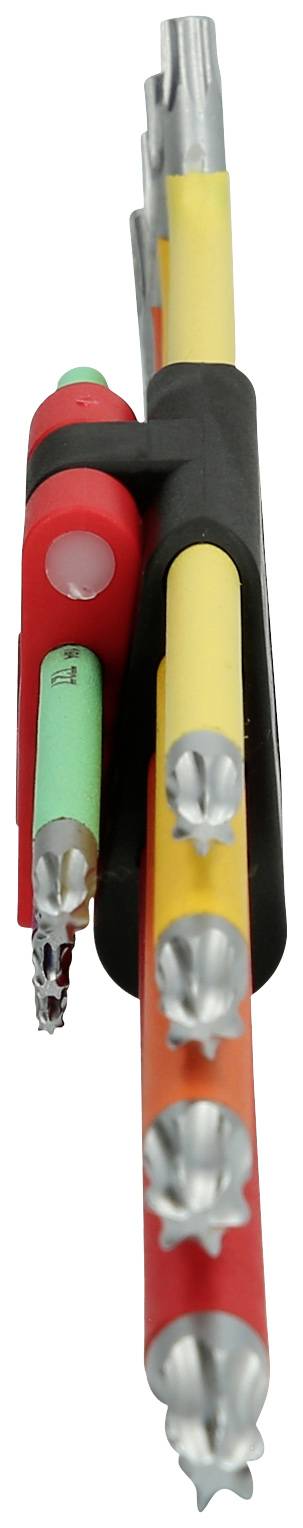 Wielokolorowe zaciski na pisaki w uchwycie, skierowane do góry.