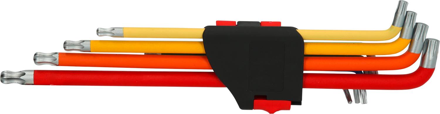 Zestaw kolorowych kluczy imbusowych w kolorach żółtym, pomarańczowym i czerwonym, umieszczonych w czarnym uchwycie.