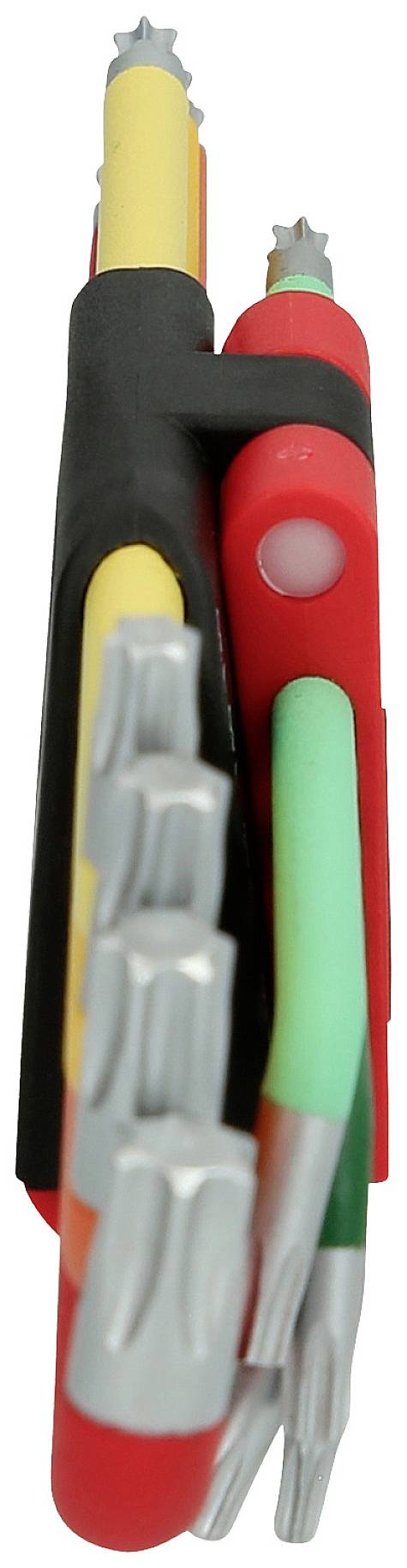 'Trzy izolowane wkrętaki o różnych długościach ostrzy i kolorach w uchwycie do bezpiecznego przechowywania.'