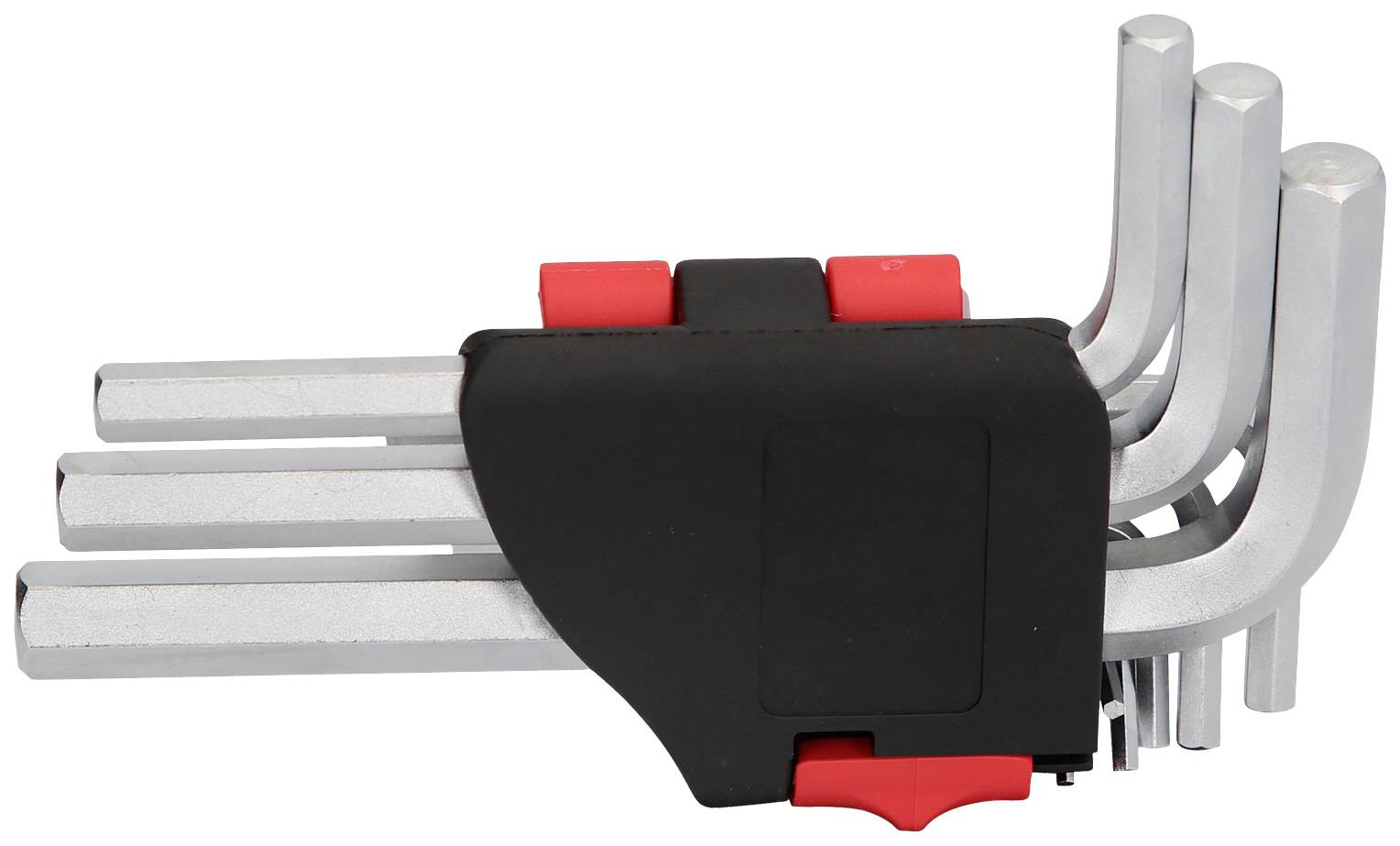 Zestaw sześciokątnych kluczy imbusowych w czarno-czerwonym uchwycie, ułożonych w kolejności rosnącej.