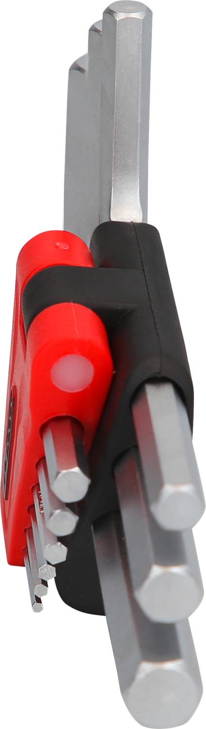 Zestaw kluczy imbusowych w kolorach czerwonym i czarnym z różnymi rozmiarami kluczy wystającymi z kompaktowego uchwytu.