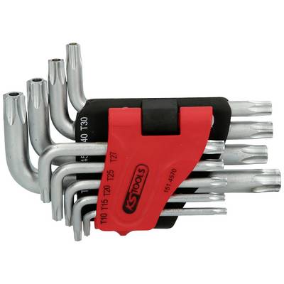 Zestaw siedmiu kluczy Torx o różnych rozmiarach, umieszczonych w czerwonym uchwycie z logo KS Tools.