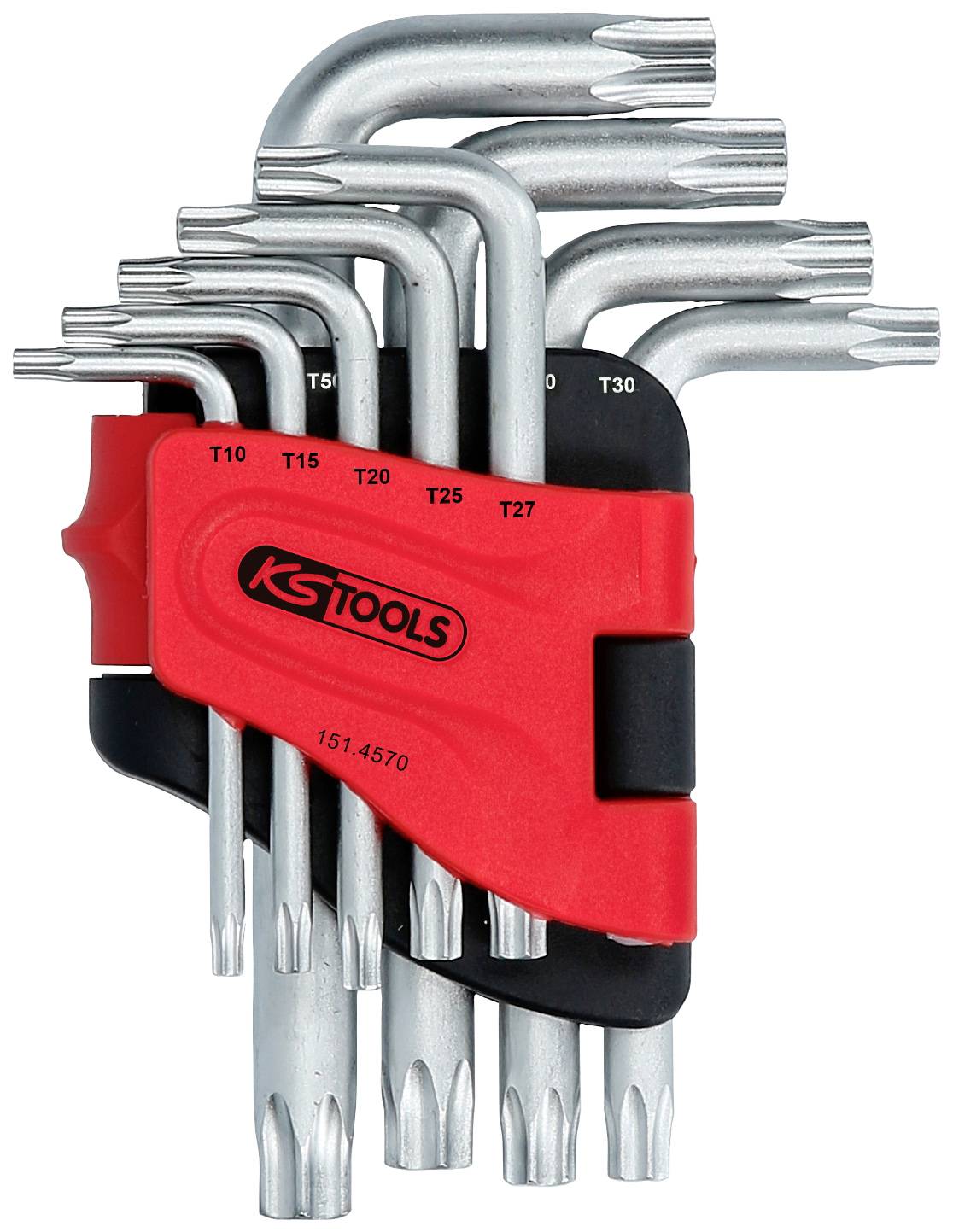 Zestaw kluczy Torx w różnych rozmiarach w czerwonym uchwycie, odpowiedni do prac mechanicznych.