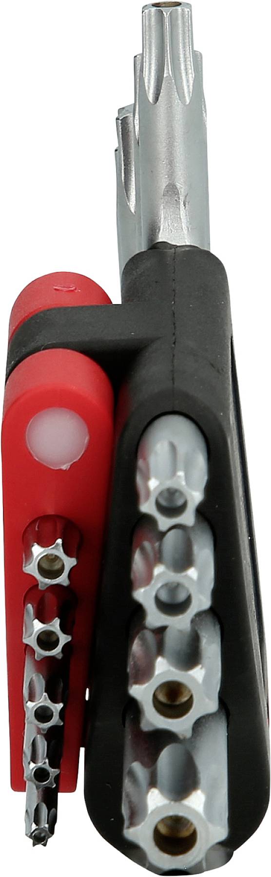 Zestaw dwóch kompaktowych zestawów kluczy nasadowych w kolorach czerwonym i czarnym, z różnymi sześciokątnymi wkładkami, ułożonymi jeden nad drugim.