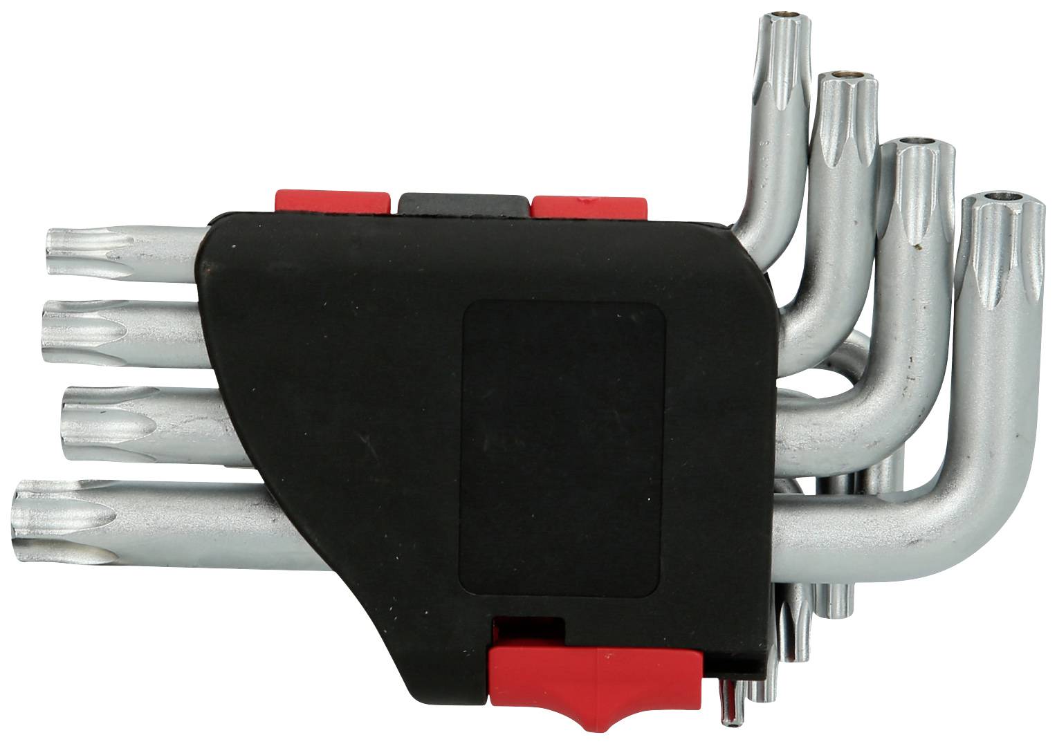 Zestaw kluczy imbusowych Torx w różnych rozmiarach w czarnym uchwycie.