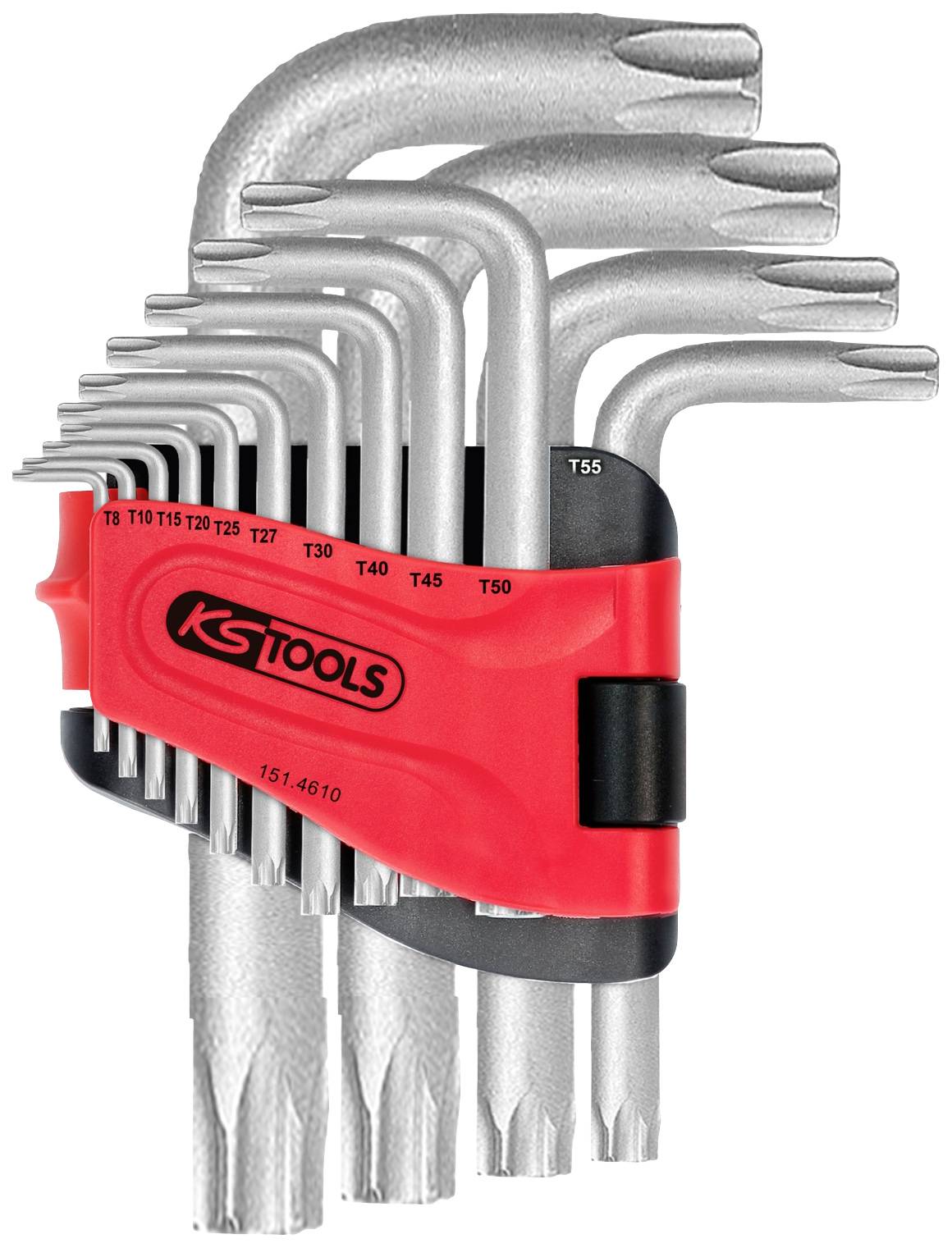 Zestaw kluczy imbusowych Torx w różnych rozmiarach, trzymanych w czerwuonym plastikowym uchwycie z logo 'KS Tools'.