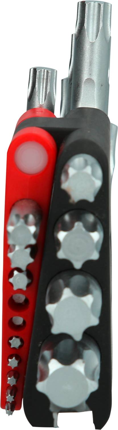 Wielofunkcyjne narzędzie z różnej wielkości grotami wkrętakowymi w czerwono-czarnym uchwycie.