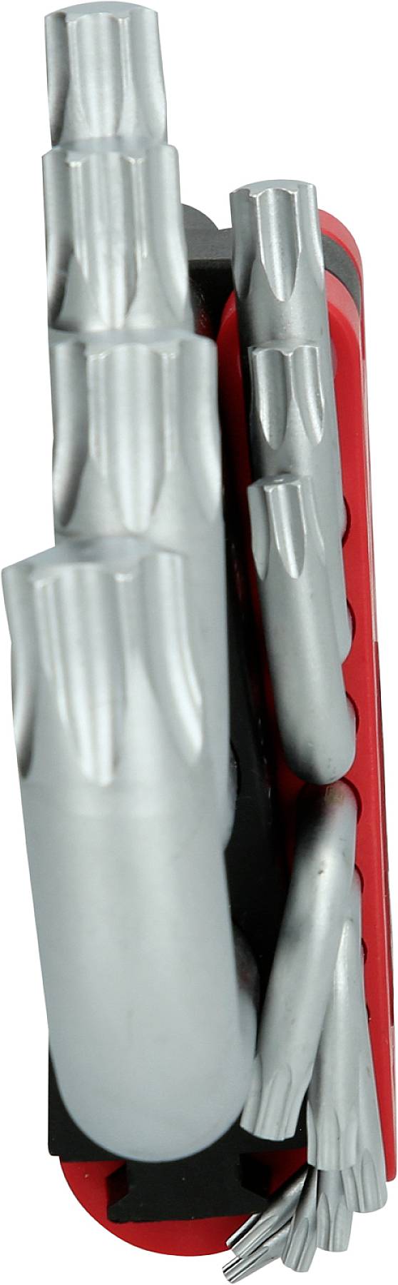 Naturalnie ułożony stół z zestawem srebrnych wkrętaków Torx, ułożonych w czerwonym uchwycie.