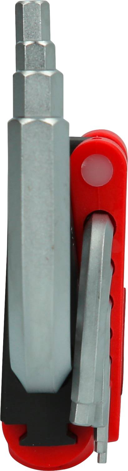 Czerwone multitool z różnymi sześciokątnymi bitami wkrętakowymi, kompaktowo złożone do wszechstronnego użycia.
