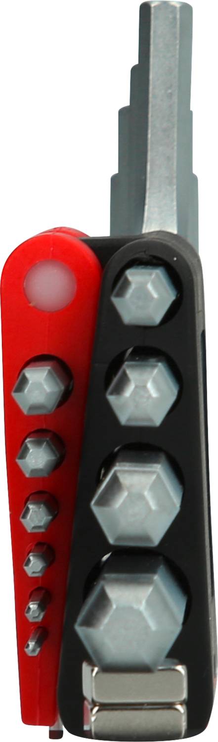 Multitool w kolorach czerwonym i czarnym z różnymi kluczami i grotami o różnych rozmiarach do różnorodnych zastosowań.