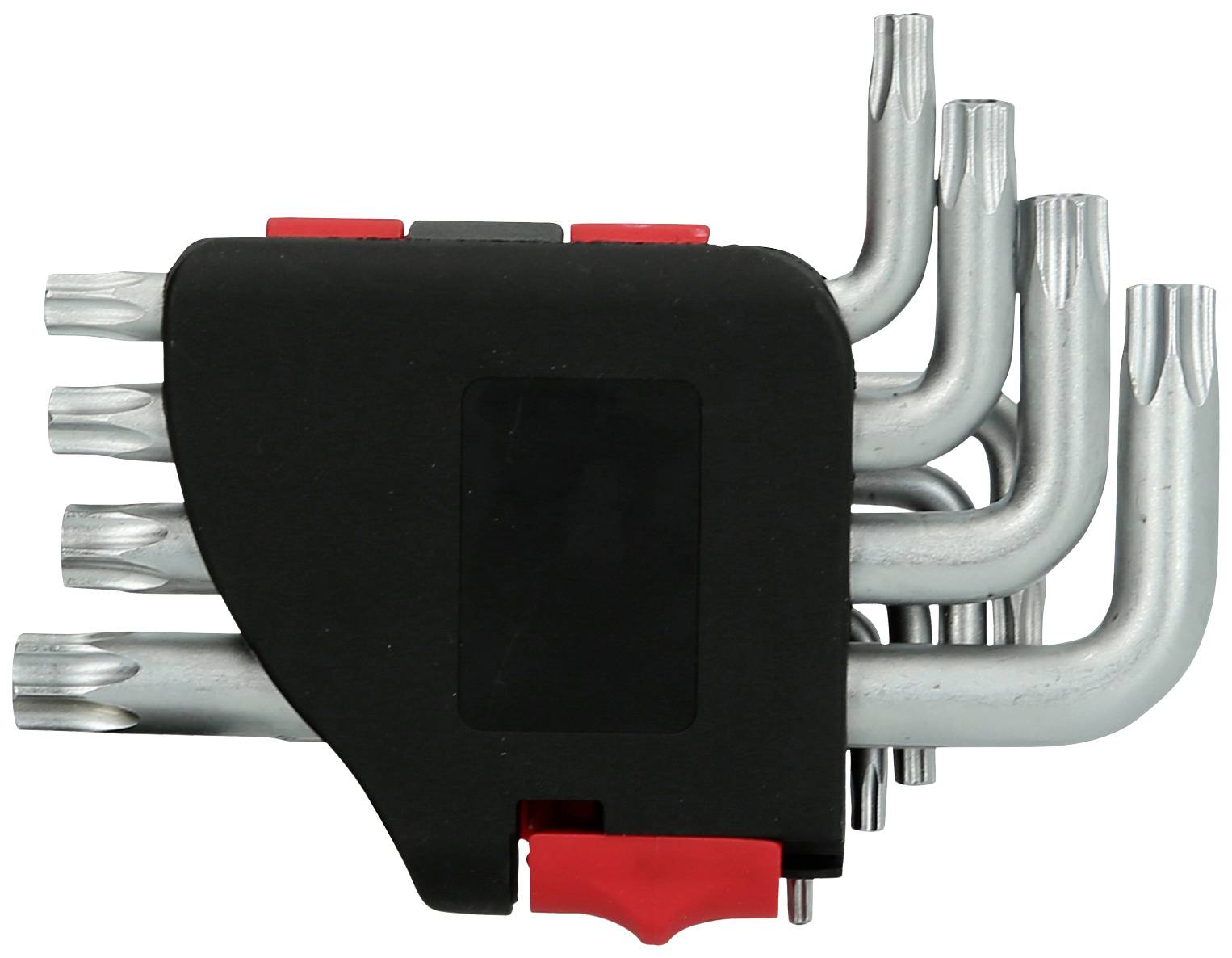 Zestaw wkrętaków L-kształtnych w różnych rozmiarach, umieszczonych w czarnym uchwycie z czerwonymi akcentami, oferujący różne rodzaje końcówek.