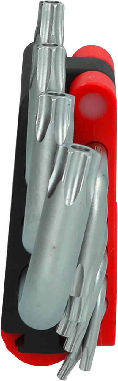 Multitool z kilkoma końcówkami śrubokrętowymi w obudowie w kolorach czerwonym i czarnym.