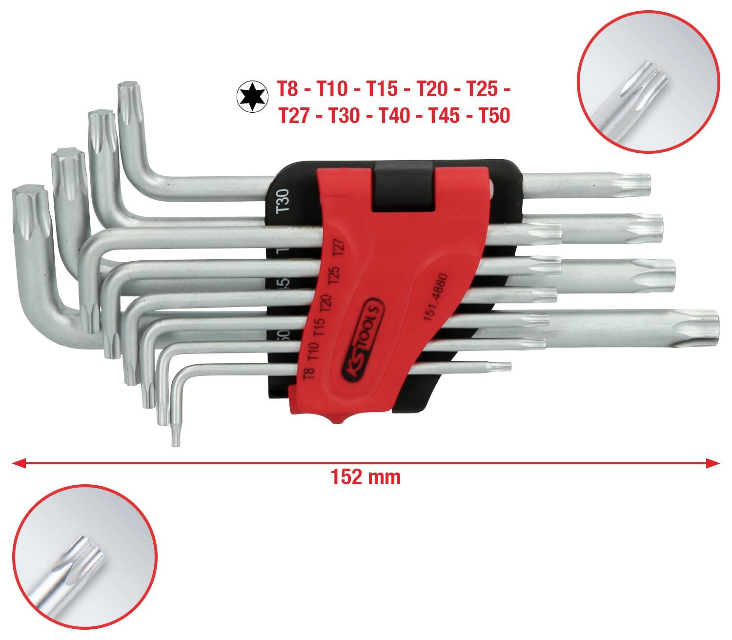 Zestaw dziewięciu kluczy Torx o różnych rozmiarach (T8 do T50) z uchwytem. Całkowita szerokość: 152 mm.