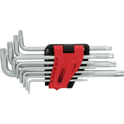 Zestaw kluczy Torx z uchwytem, dziewięć kluczy o różnych rozmiarach, ułożonych od najmniejszego do największego, oznaczonych rozmiarem i logo.