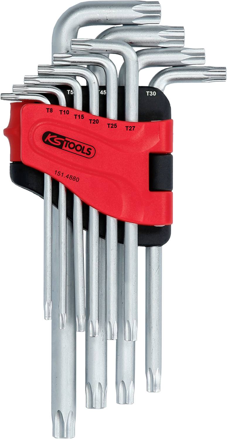 Zestaw kluczy Torx z uchwytem kątowym, ułożony w czerwonym uchwycie. Widoczne są różne rozmiary od T9 do T40.