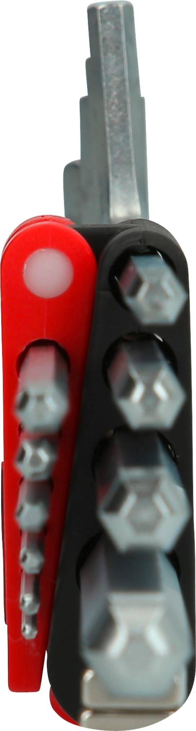 Multitool z różnymi grotami i nasadką na klucz, częściowo w czerwonej obudowie.