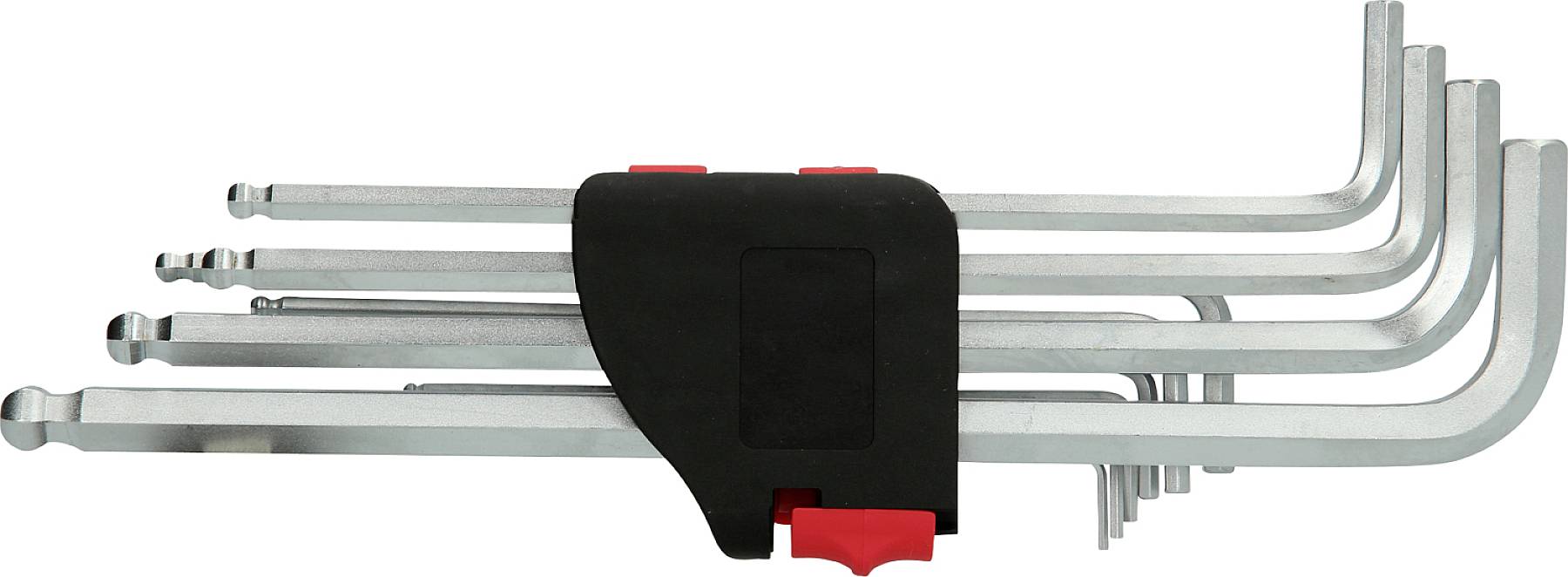 Zestaw kluczy imbusowych w dziewięciu różnych rozmiarach, trzymanych razem przez czarny i czerwony uchwyt.