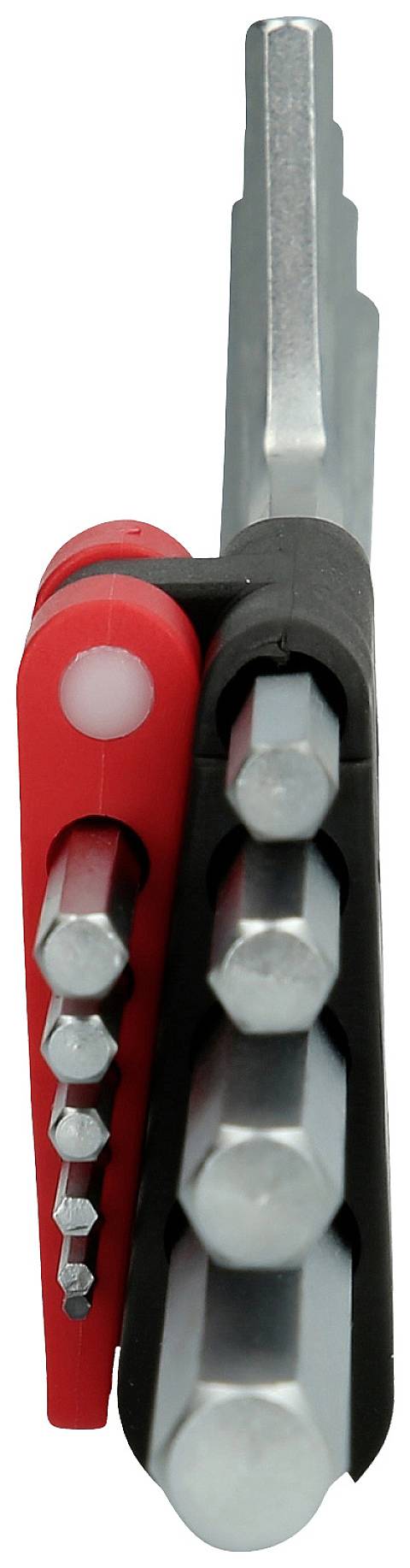 Wielofunkcyjny zestaw narzędzi z wieloma kluczami imbusowymi w kompaktowej, składanej obudowie w czerwono-czarne paski.