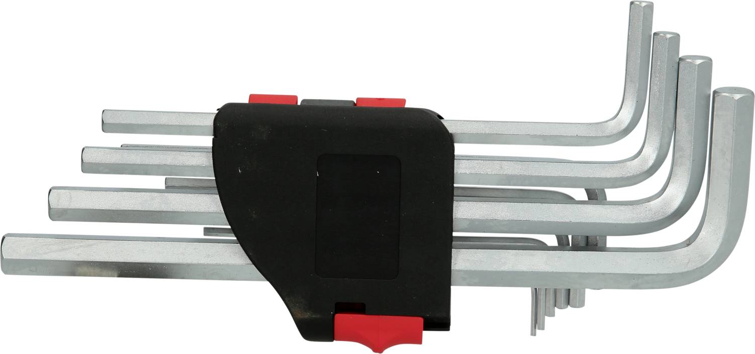 Zestaw kluczy imbusowych w kształcie litery L, różnej wielkości, bezpiecznie zamocowanych w czarno-czerwonym uchwycie.