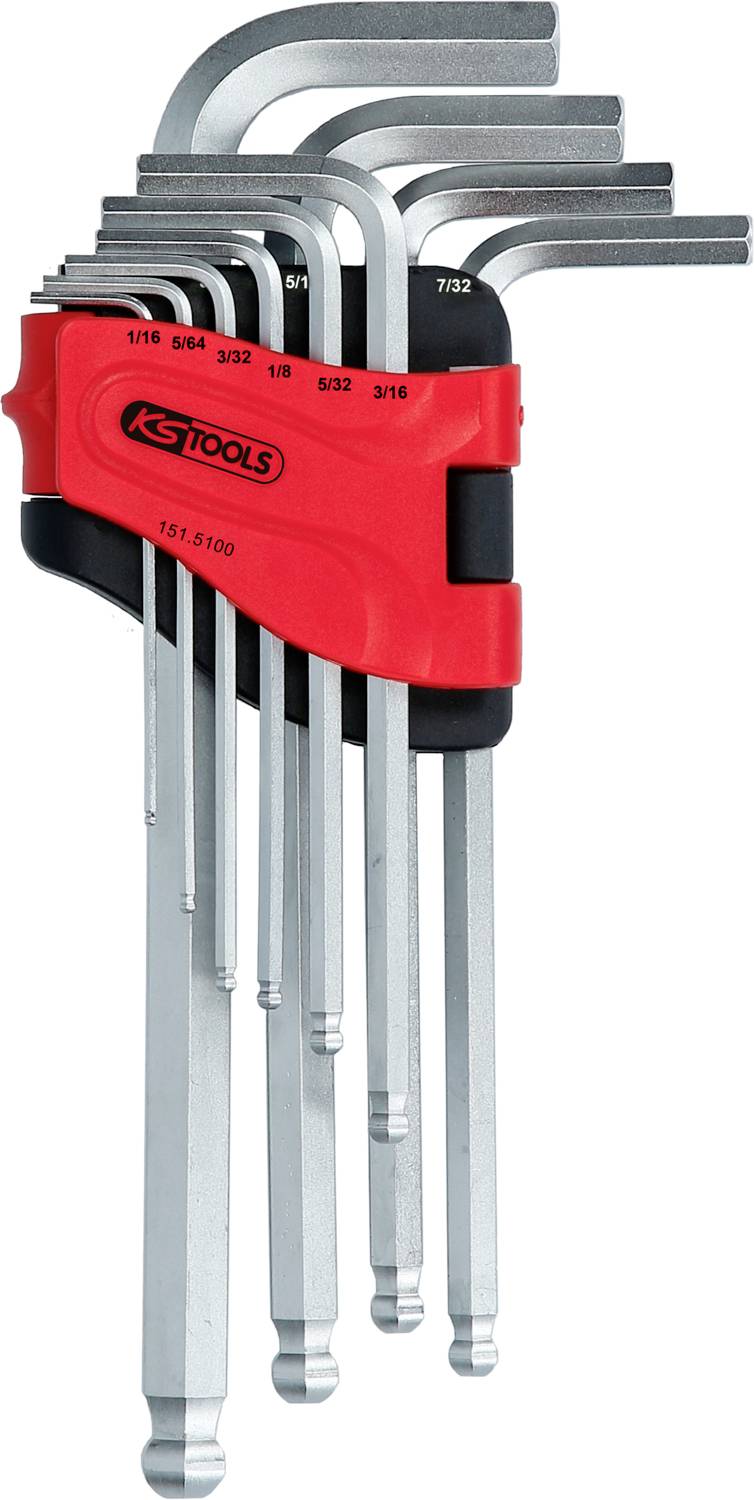 Zestaw kluczy sześciokątnych w czerwonym uchwycie, różnej wielkości metalowe narzędzia, częściowo ponumerowane.