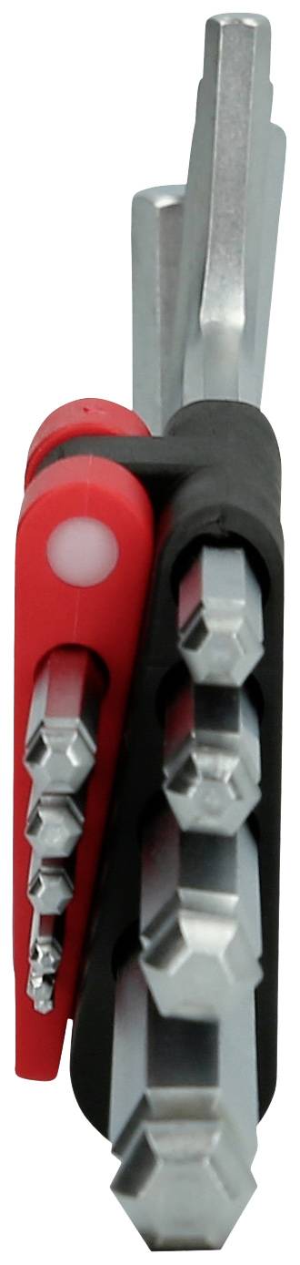 Zestaw sześciokątnych narzędzi metalowych w czerwono-czarnym uchwycie, najprawdopodobniej klucze imbusowe w różnych rozmiarach.