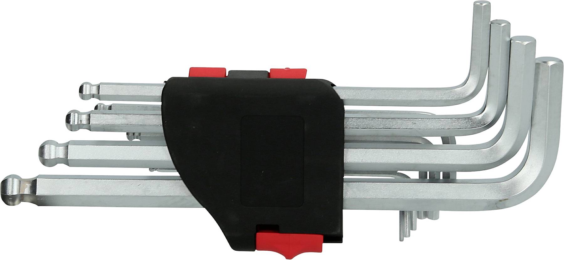 Zestaw kluczy imbusowych o sześciokątnym kształcie w różnych rozmiarach, połączonych czarno-czerwonym uchwytem.