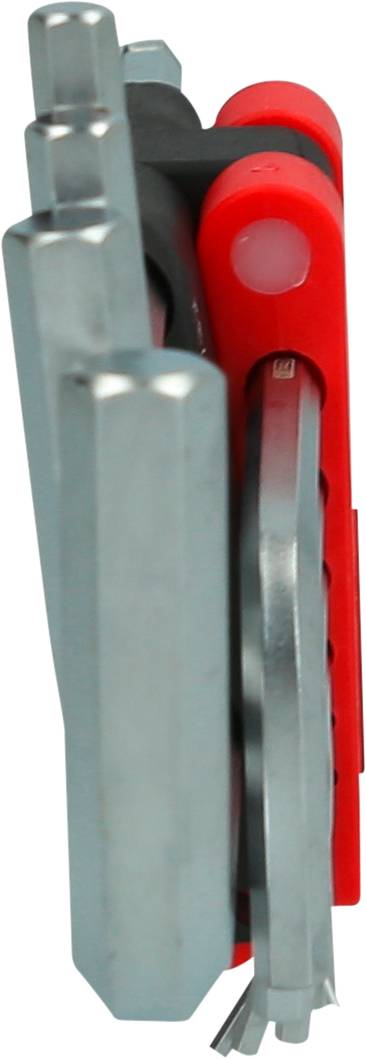 Składane multitool z wieloma kluczami imbusowymi w różnych rozmiarach. Czerwony i czarny uchwyt. Profil skierowany w lewo.