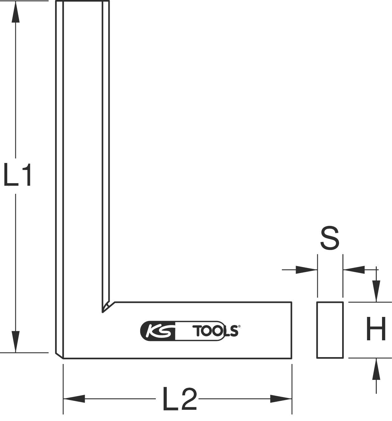 Rysunek techniczny kąta z wymiarami L1, L2, S i H oraz logo 'KS Tools' na stronie poziomej.