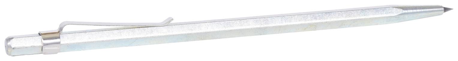 Srebrny, sześciokątny długopis z klipsem do kieszeni leży poziomo.