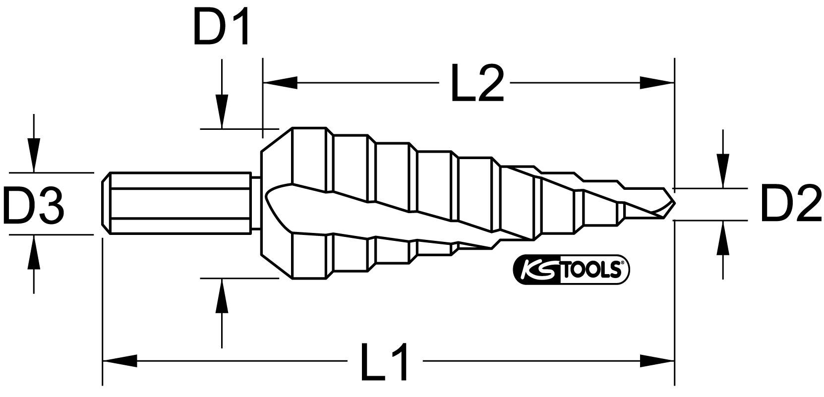 Pogłębiacz stożkowy wielostopniowy z oznaczeniami: całkowita długość (L1), długość trzpienia (L2), średnice stopni (D1, D2, D3); marka 'KS Tools'.