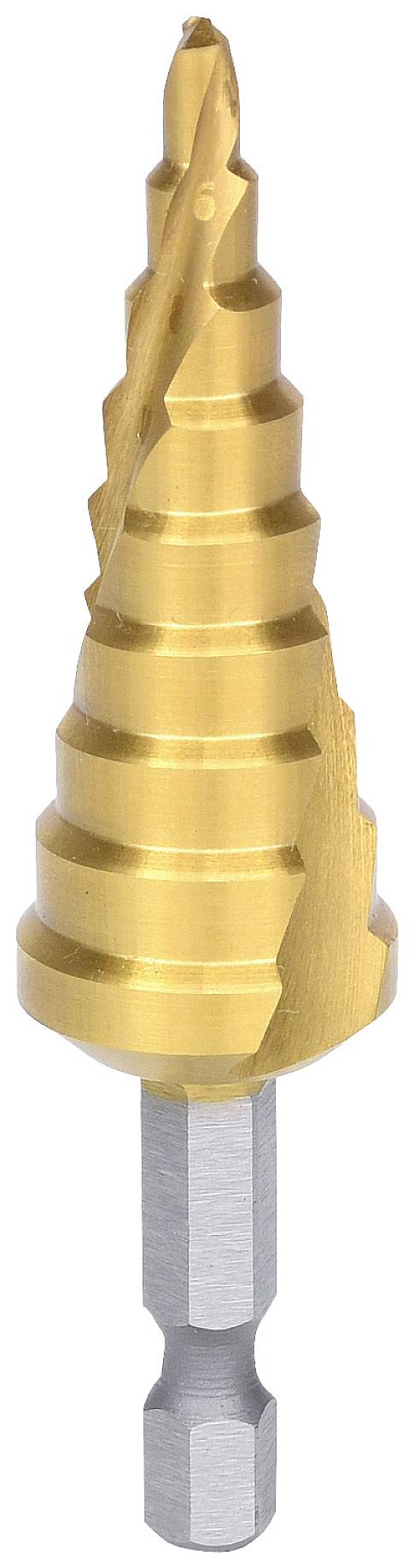 Wiertło stopniowe metalowe z wieloma stopniami do różnych średnic otworów, widoczne spiralne ostrze, srebrny trzon.