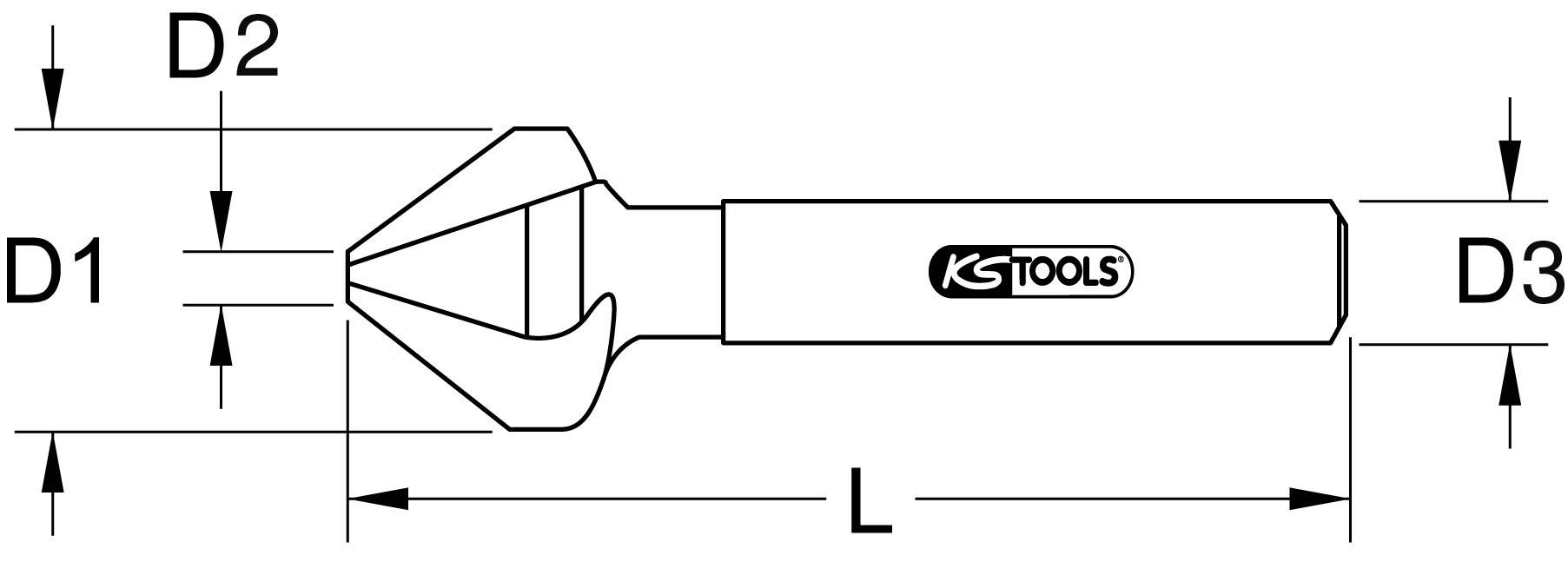 Schematyczny rysunek gratownicy z wymiarami D1, D2, D3 oraz L; logo KSTools na rękojeści.