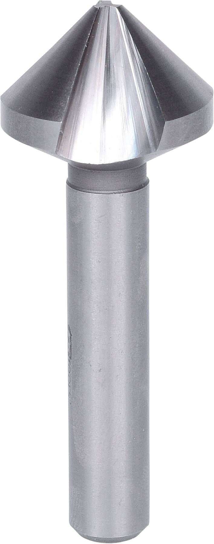 Obraz przedstawia pogłębiacz stożkowy z trzpieniem cylindrycznym i stożkowym czubkiem. Jest on używany do fazowania otworów.