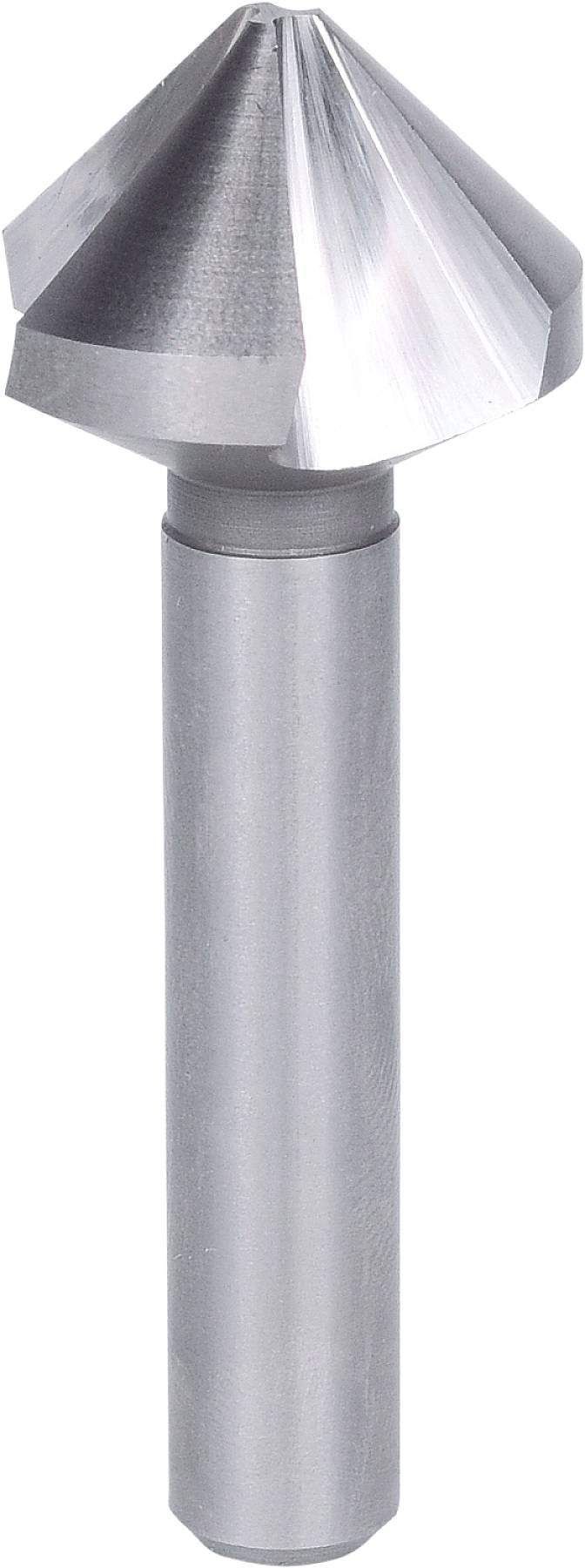 Metalowy stożkowy pogłębiacz z błyszczącą, stożkowatą główką i gładkim trzpieniem. Narzędzie do obróbki materiałów.
