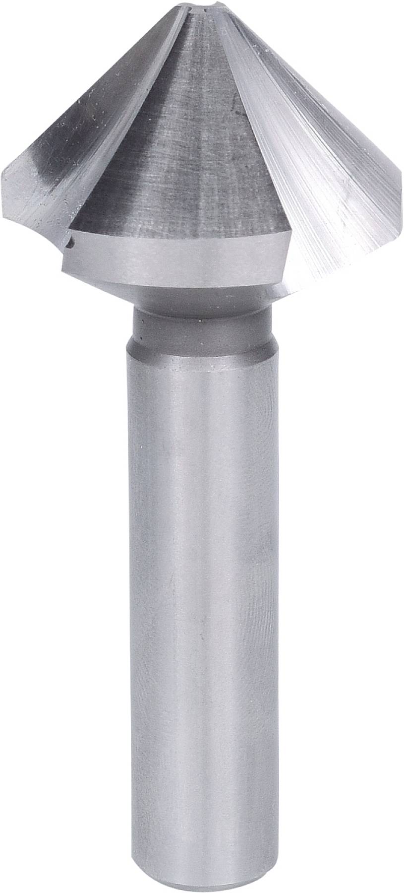 Pogłębiacz stożkowy z trzpieniem cylindrycznym i stożkowym czubkiem, przeznaczony do fazowania lub usuwania zadziorów w otworach metalowych.