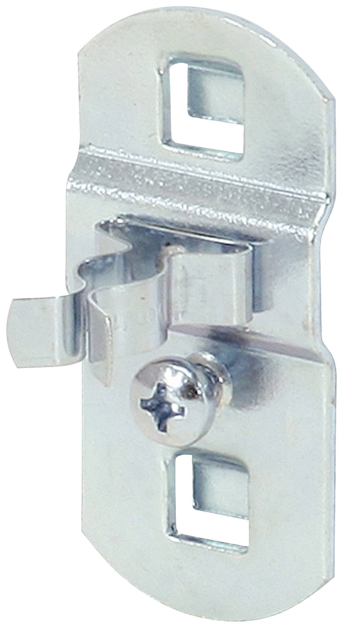 Metalowy uchwyt z dwoma prostokątnymi otworami i śrubą pośrodku. Odpowiedni do montażu naściennego lub na meblach.