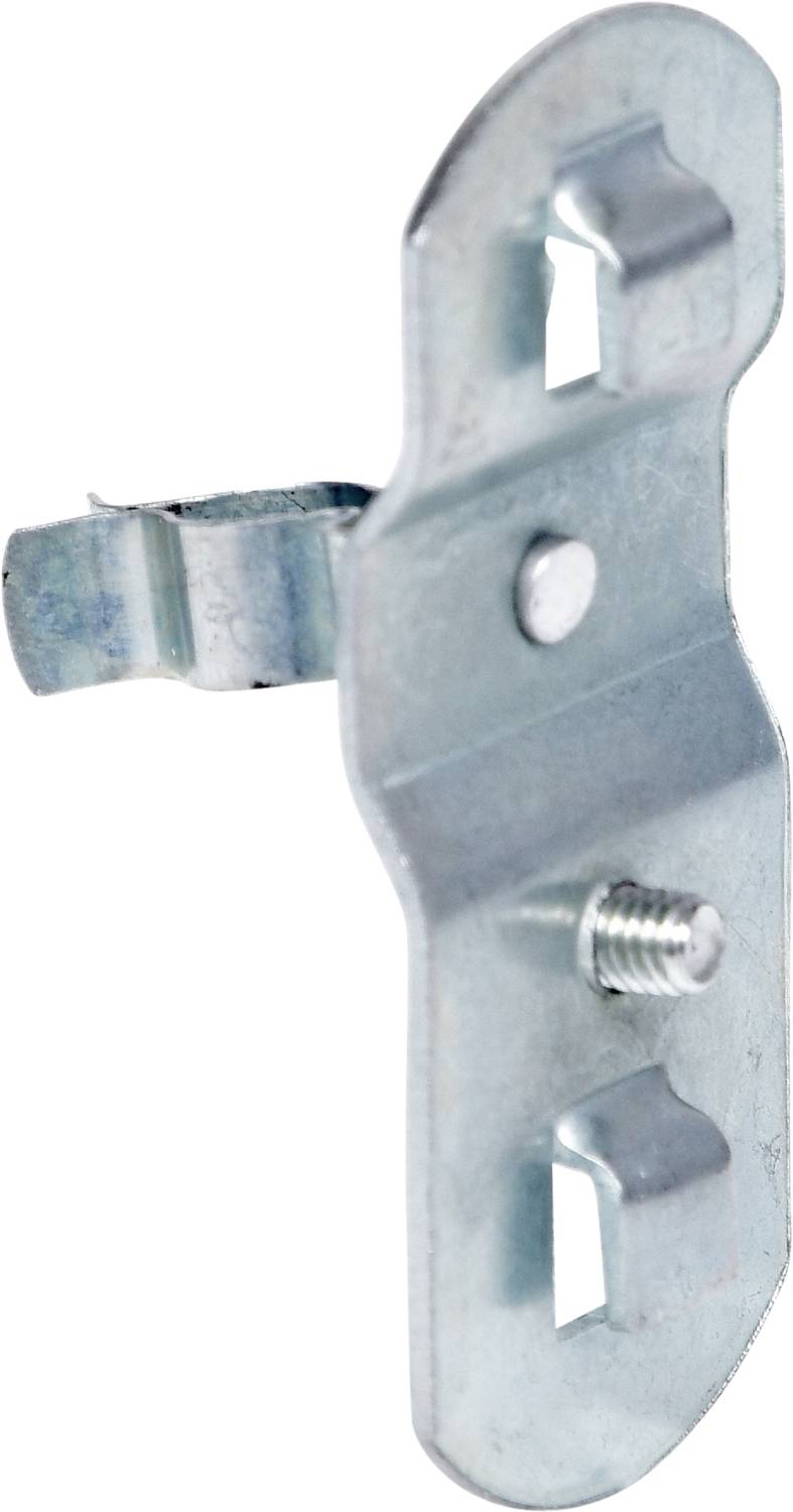 Kątownik metalowy z giętym paskiem mocującym, otworami prostokątnymi i śrubą. Stosowany do mocowania lub łączenia elementów konstrukcyjnych.