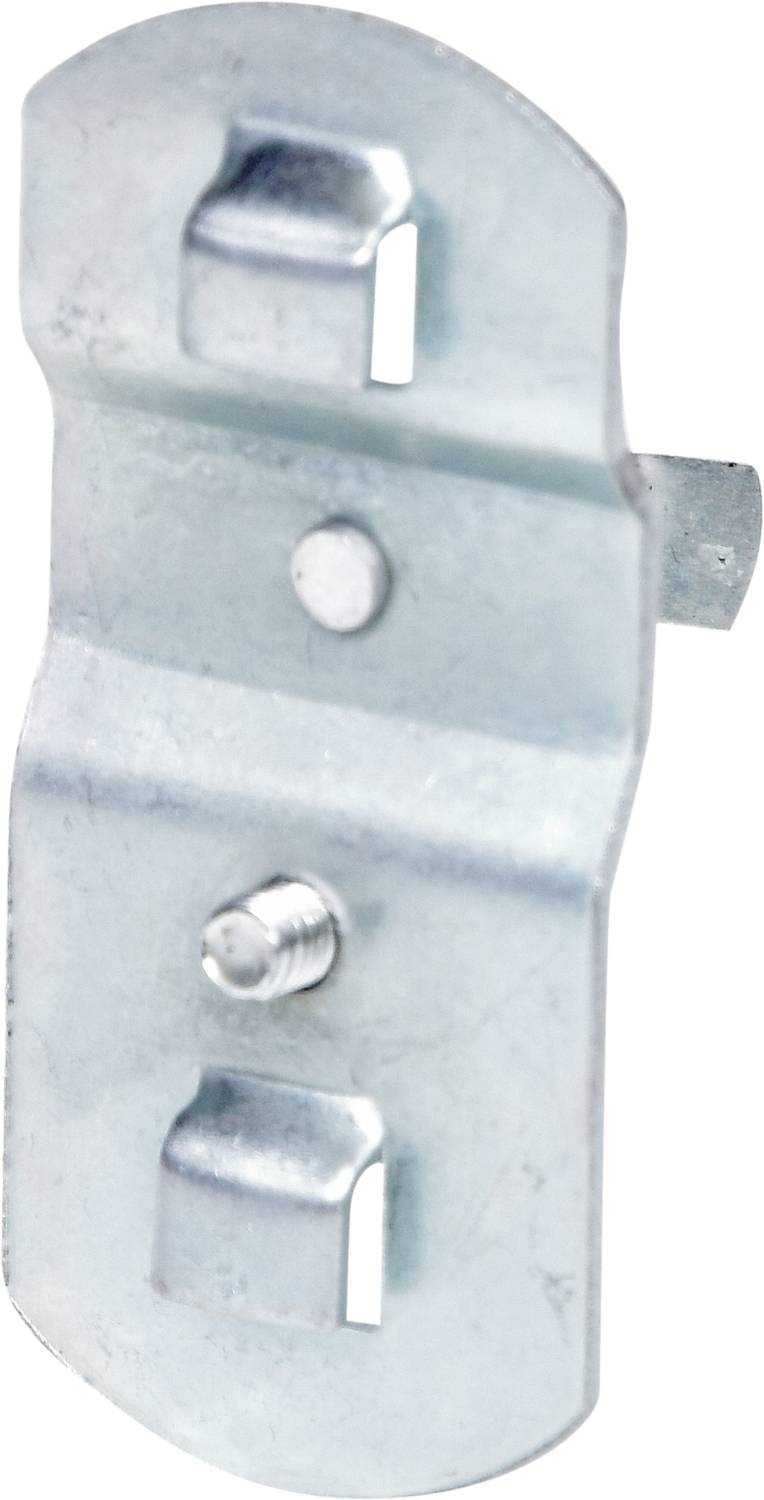 Metalowa klamra z hakiem mocującym i śrubą, przeznaczona do zabezpieczania materiałów na powierzchniach.