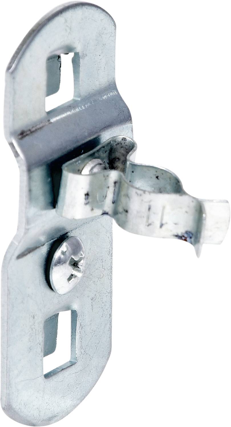 Metalowy uchwyt z wygiętym hakiem do mocowania na ścianie. Posiada dwa prostokątne otwory do zamocowania za pomocą śrub.