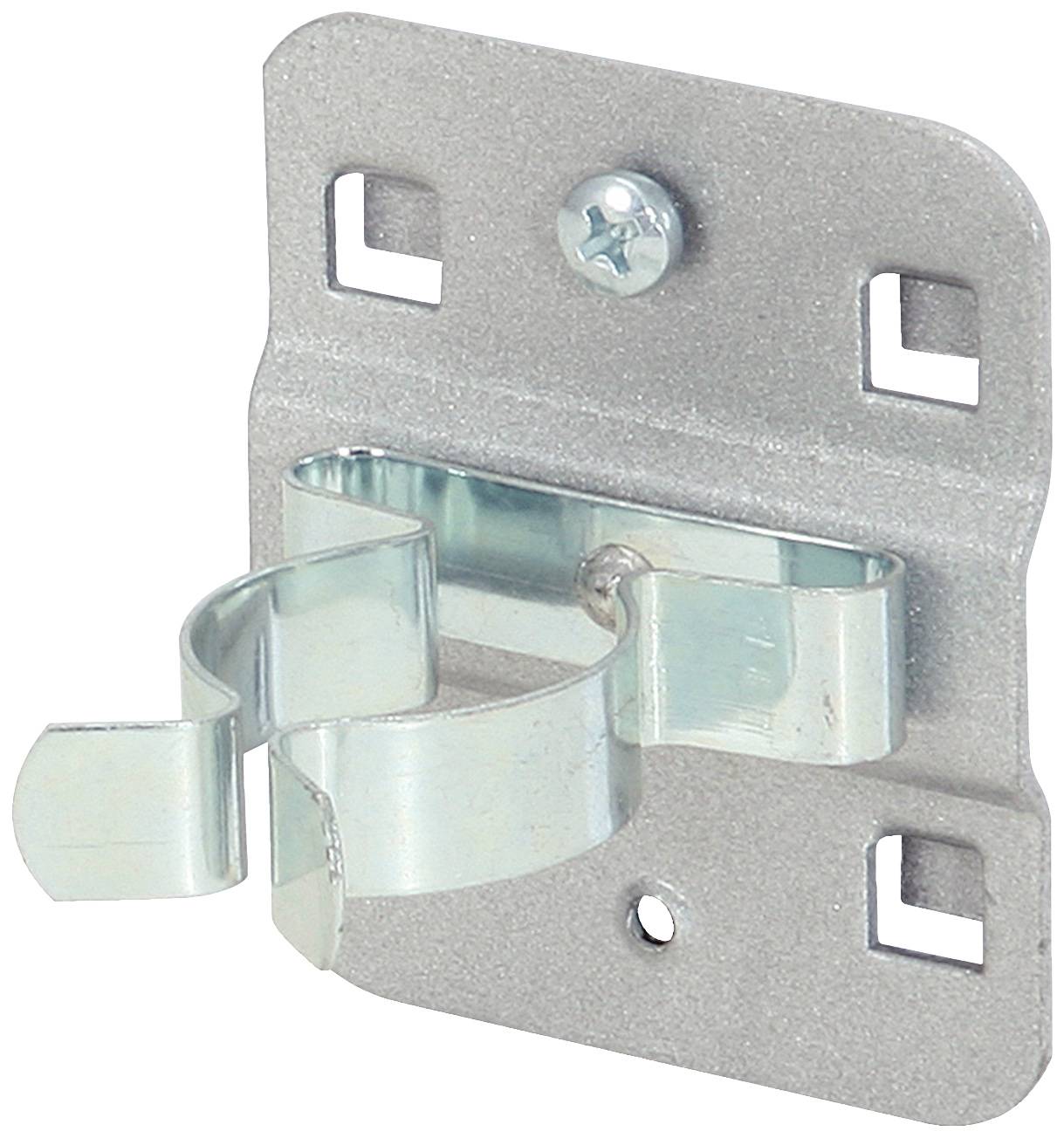 Metalowy uchwyt zamocowany do płyty ściennej za pomocą śrub, przydatny do przechowywania narzędzi lub sprzętów do sprzątania.