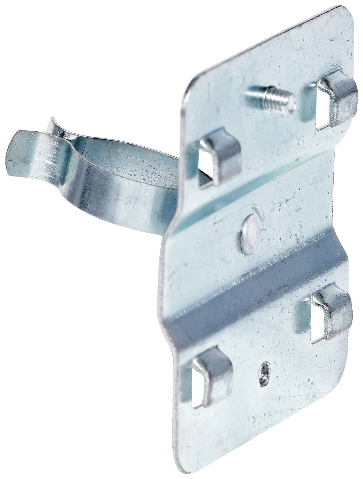 Pojedynczy uchwyt metalowy z zatrzaskami i otworami mocującymi, odpowiedni do montażu w projektach budowlanych.