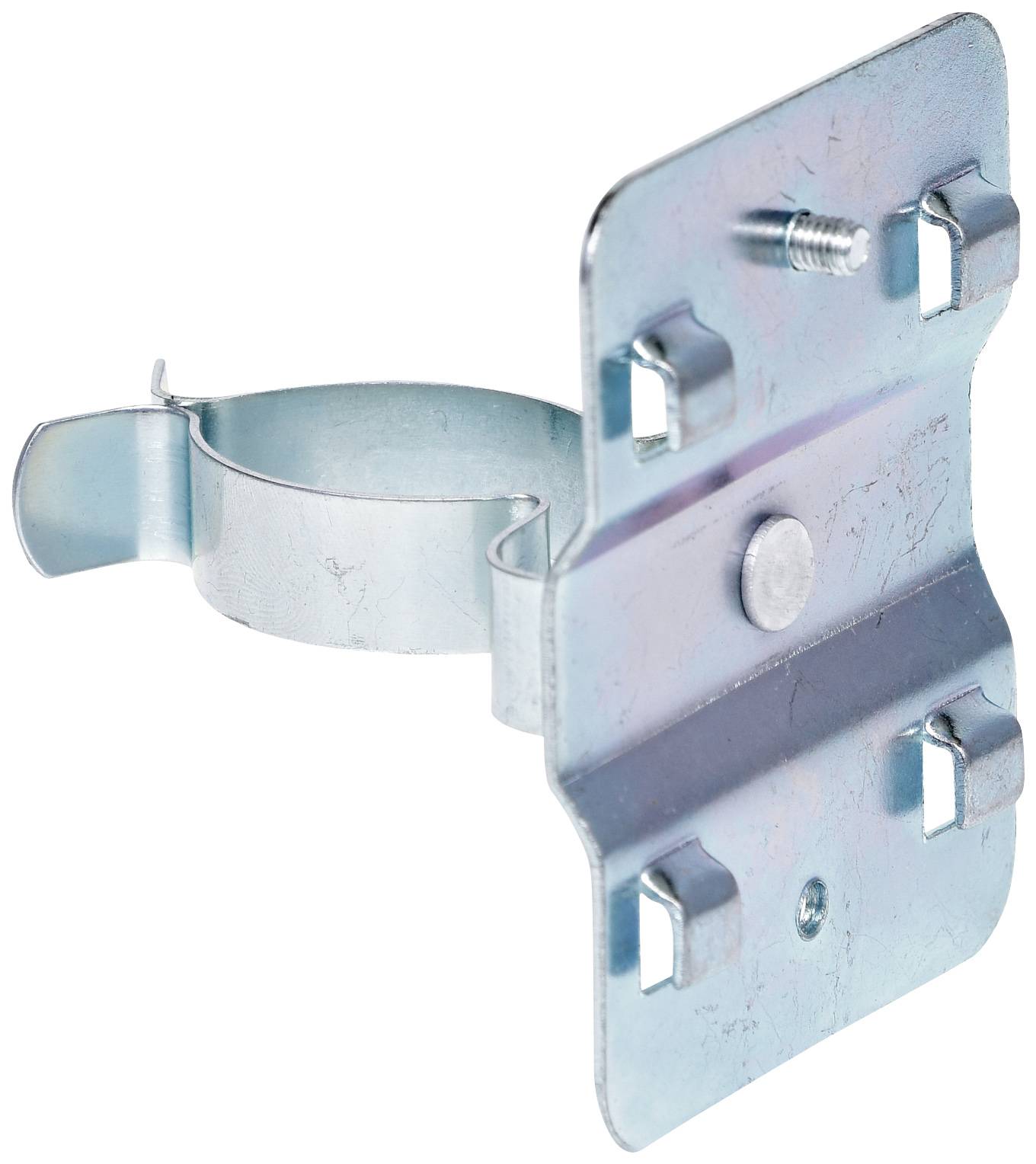 'Metalowy uchwyt z elementami śrubowymi do mocowania, składający się z kwadratowej płyty i okrągłego obszaru zaciskowego.'