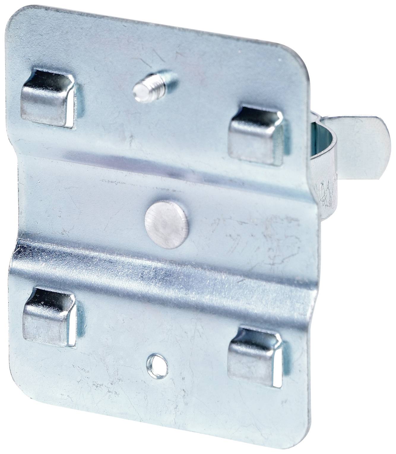 Metalowy uchwyt z czterema zaokrąglonymi hakami i centralnym otworem, prawdopodobnie przeznaczony do zamocowania na powierzchni.