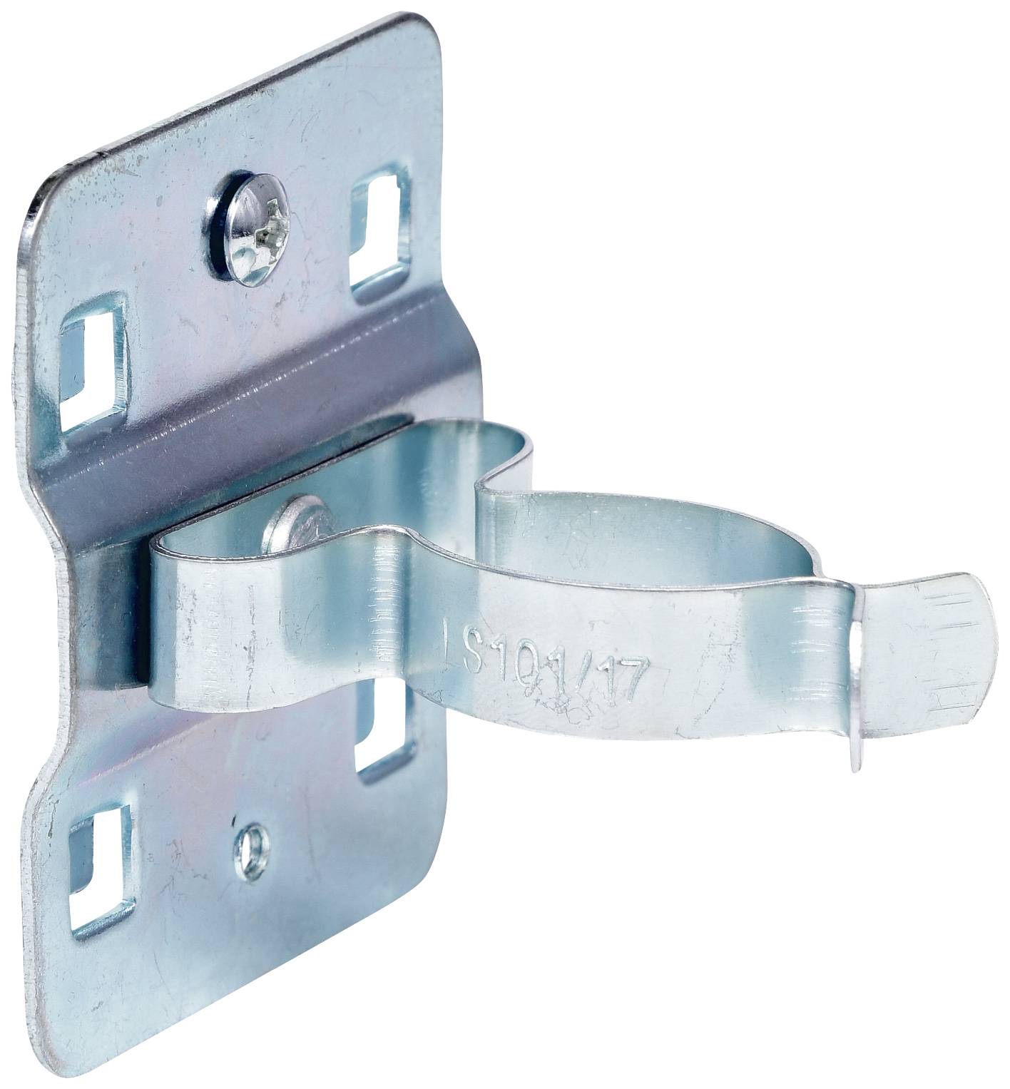 Metalowy uchwyt z otworami na śruby i pętlą mocującą, odpowiedni do mocowania narzędzi lub kabli na ścianie.